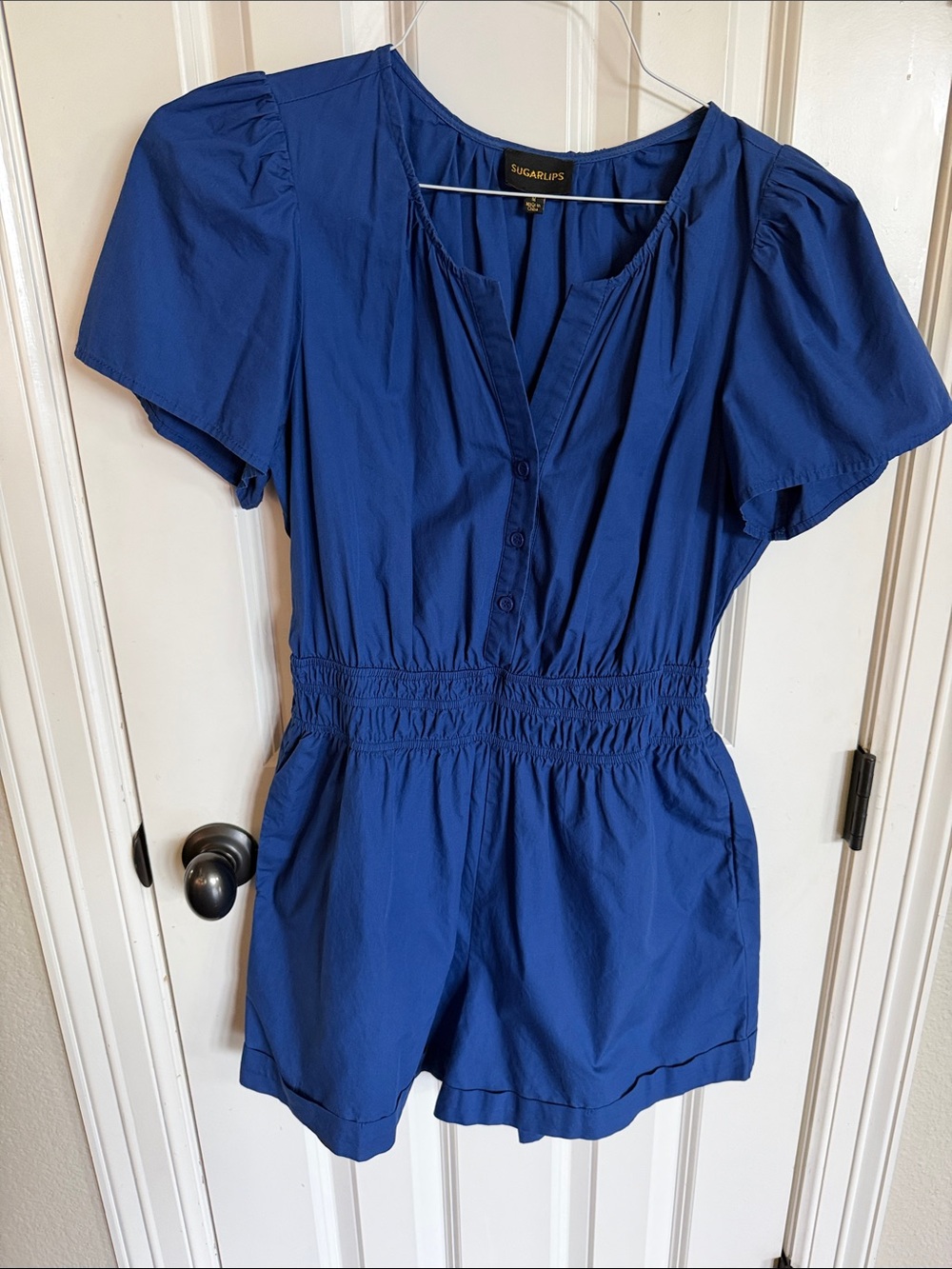 EUC Sugarlips Blue Short Sleeve Button up Romper Size M from Avara